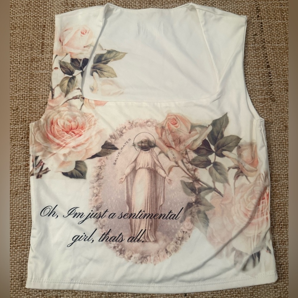 White and Pink Floral Graphic Tank Top Square Neck Medium
